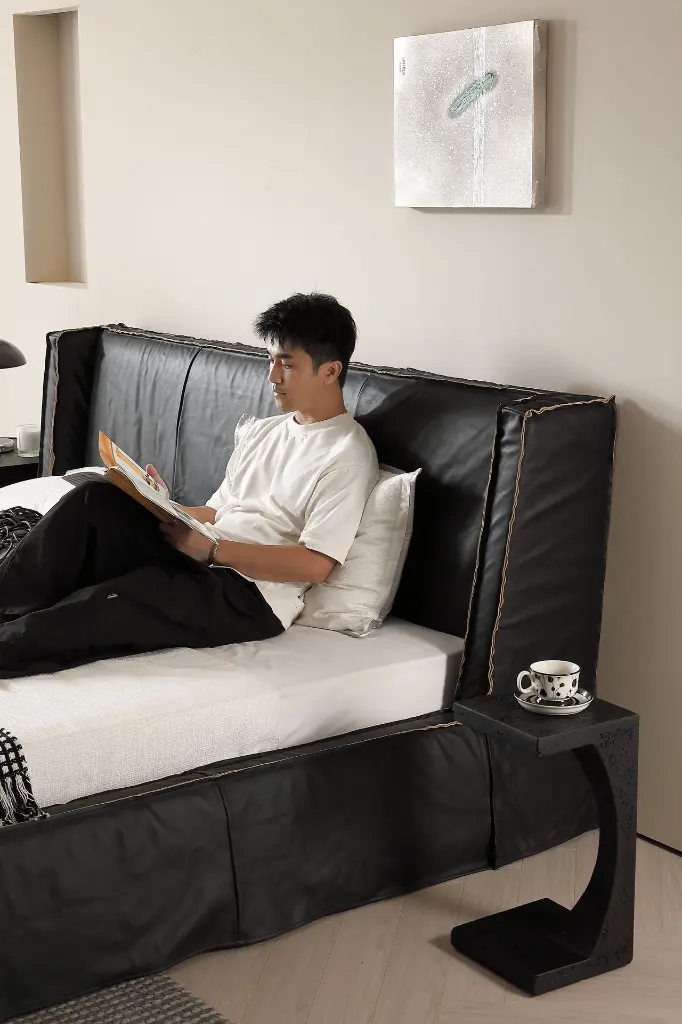 方尊床 1800 黑色真皮、鼓墩边几 黑色1.webp